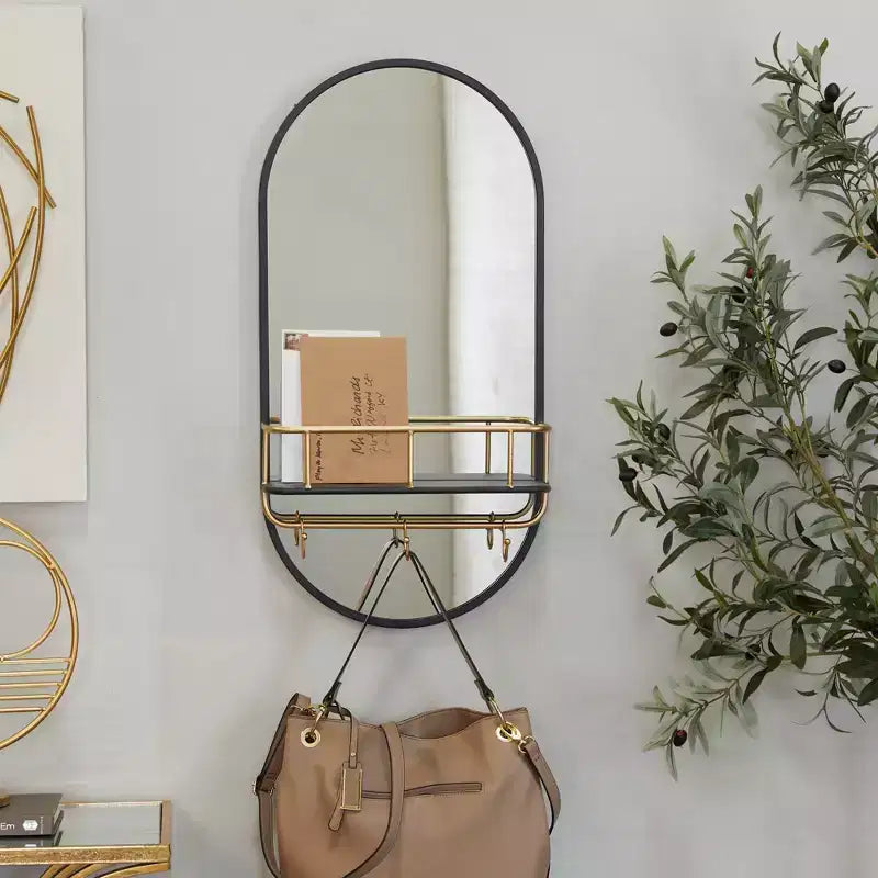 Metal Oval 1 Shelf Wall Mirror Black - Olivia & May: Modern Style, Round Shape, No Assembly Required