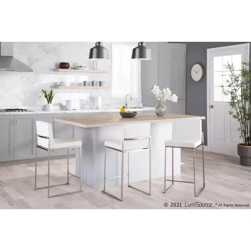 Set of 2 Fuji High Back Stainless Steel/Velvet Counter Height Barstools White - LumiSource
