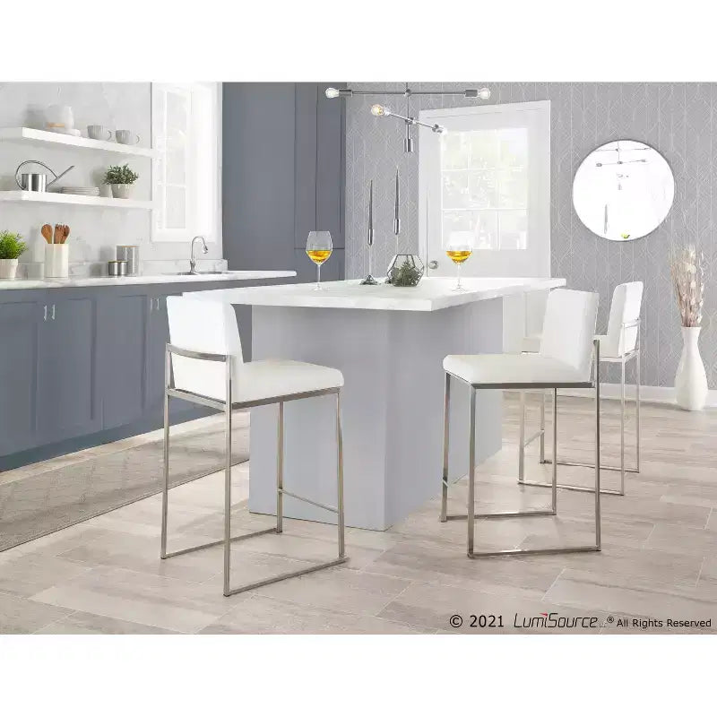 Set of 2 Fuji High Back Stainless Steel/Velvet Counter Height Barstools White - LumiSource