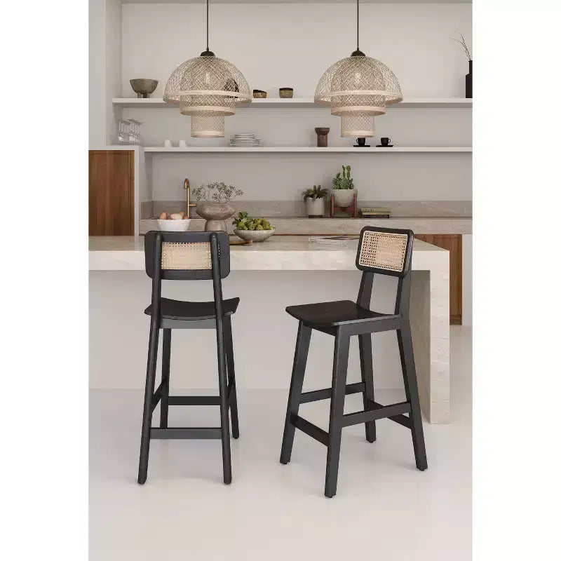 Manhattan Comfort Set of 2 Versailles Wood Counter Height Barstools Black/Natural: Ash Frame, Matte Finish, No Assembly Required
