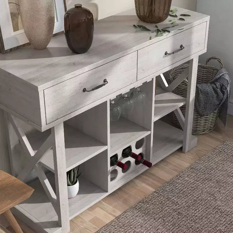 Ialani 2 Drawer Buffet Wine Cabinet  White Oak  - miBasics