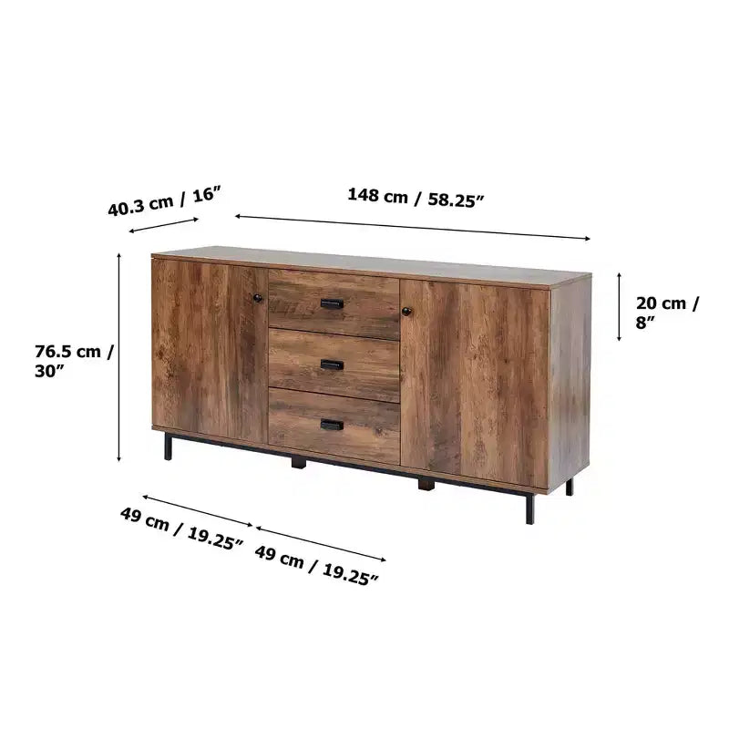 Brooklyn Sideboard with Metal Legs and Handles Brown - Teamson Home: MDF Frame, Veneer Finish, 2 Doors, 3 Drawers, 6 Shelves