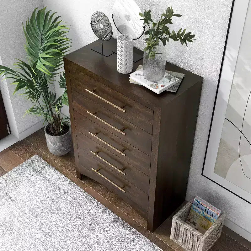 Melonnes 5 Drawer Chest Walnut - HOMES: Inside + Out: Contemporary Bedroom Storage, 48" Height