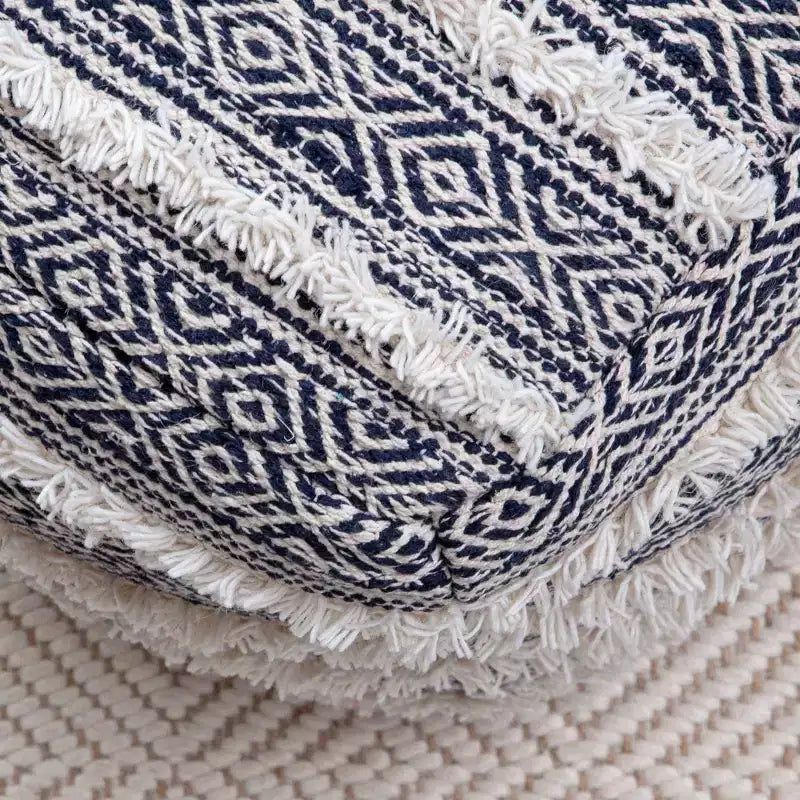 Ouray Pouf Blue/Ivory - Anji Mountain: Bohemian Geometric Square Ottoman, Removable Cover, Handmade, 21"x21"x21"