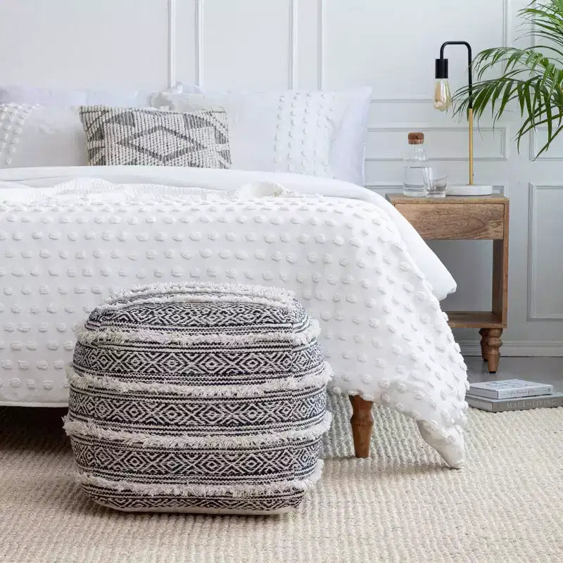 Ouray Pouf Blue/Ivory - Anji Mountain: Bohemian Geometric Square Ottoman, Removable Cover, Handmade, 21"x21"x21"
