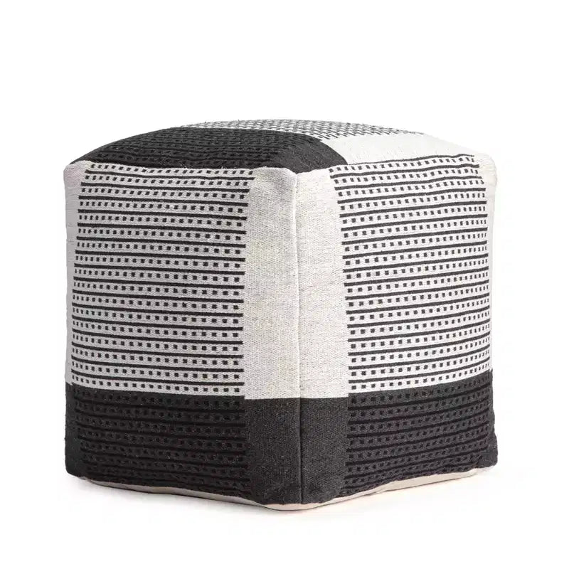 Carrapateira Pouf Black/Ivory - Anji Mountain: Modern Handmade Abstract Upholstered Ottoman, Textured Cotton, 21" Square