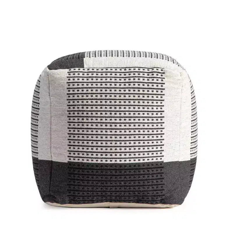 Carrapateira Pouf Black/Ivory - Anji Mountain: Modern Handmade Abstract Upholstered Ottoman, Textured Cotton, 21" Square