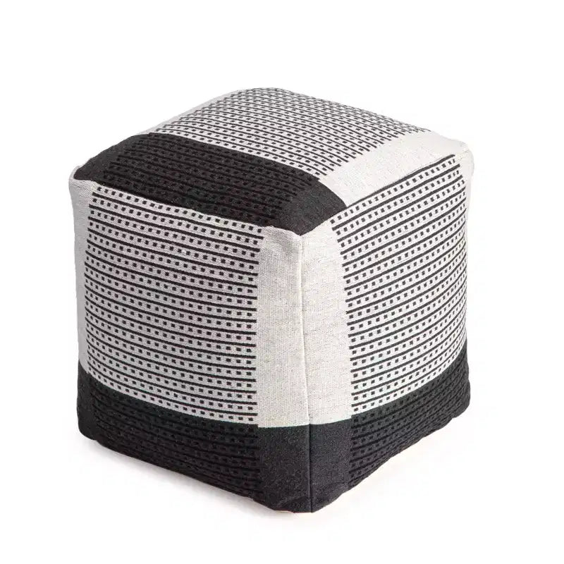 Carrapateira Pouf Black/Ivory - Anji Mountain: Modern Handmade Abstract Upholstered Ottoman, Textured Cotton, 21" Square