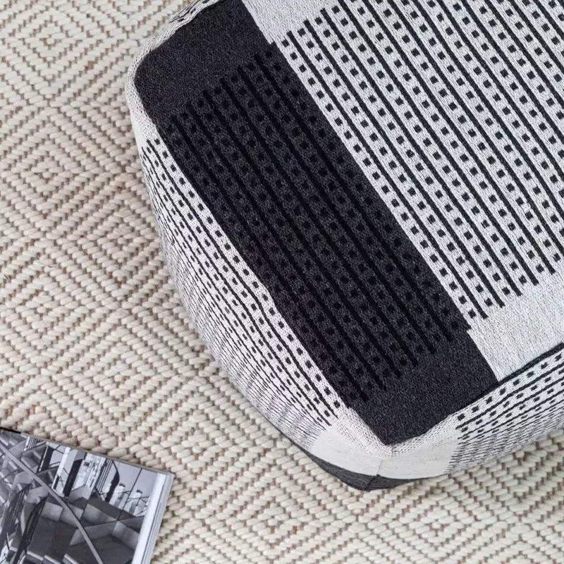 Carrapateira Pouf Black/Ivory - Anji Mountain: Modern Handmade Abstract Upholstered Ottoman, Textured Cotton, 21" Square