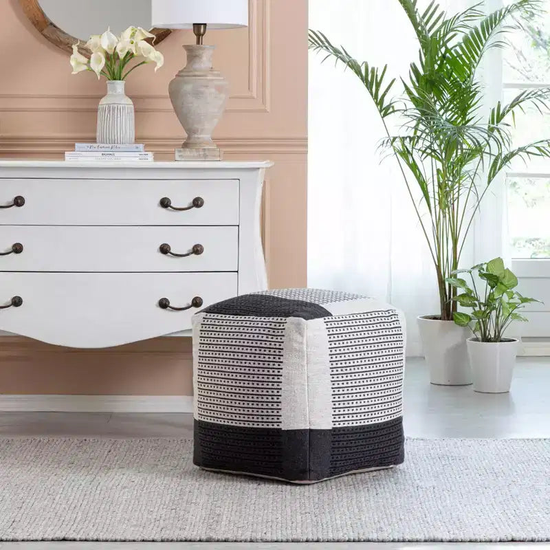 Carrapateira Pouf Black/Ivory - Anji Mountain: Modern Handmade Abstract Upholstered Ottoman, Textured Cotton, 21" Square
