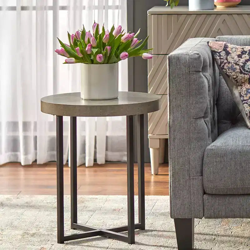 Buylateral 2pc Era Round End Coffee Table Gray: Minimalist, Industrial Style Living Room Set