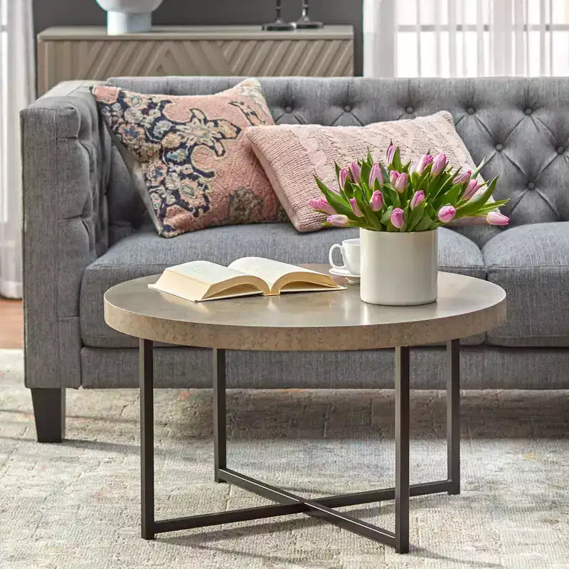 Buylateral 2pc Era Round End Coffee Table Gray: Minimalist, Industrial Style Living Room Set