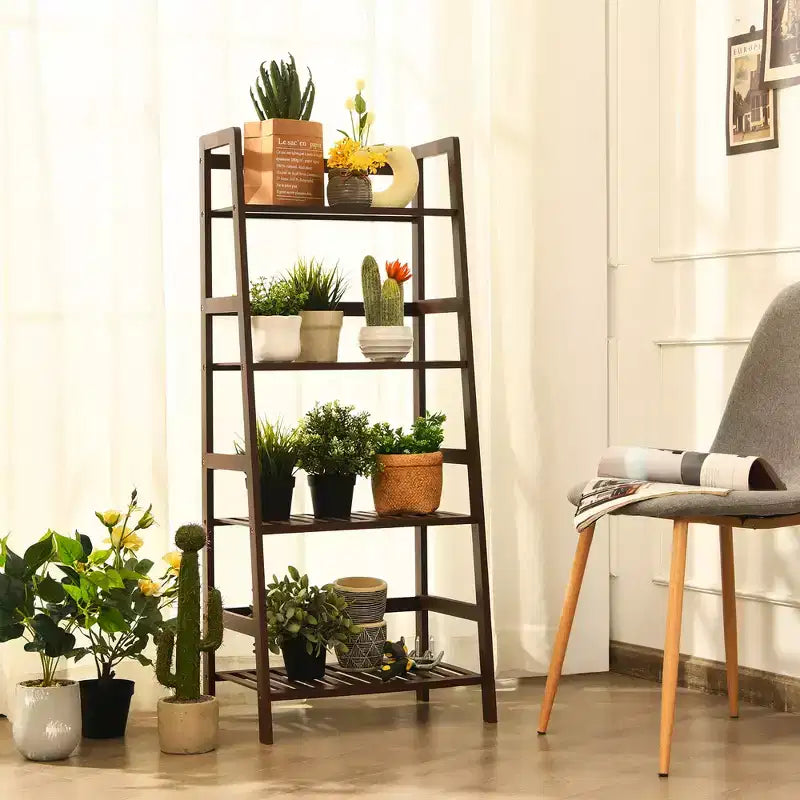 Costway 4-Tier Bamboo Ladder Shelf Plant Display Stand Rack Bookshelf Dark Brown