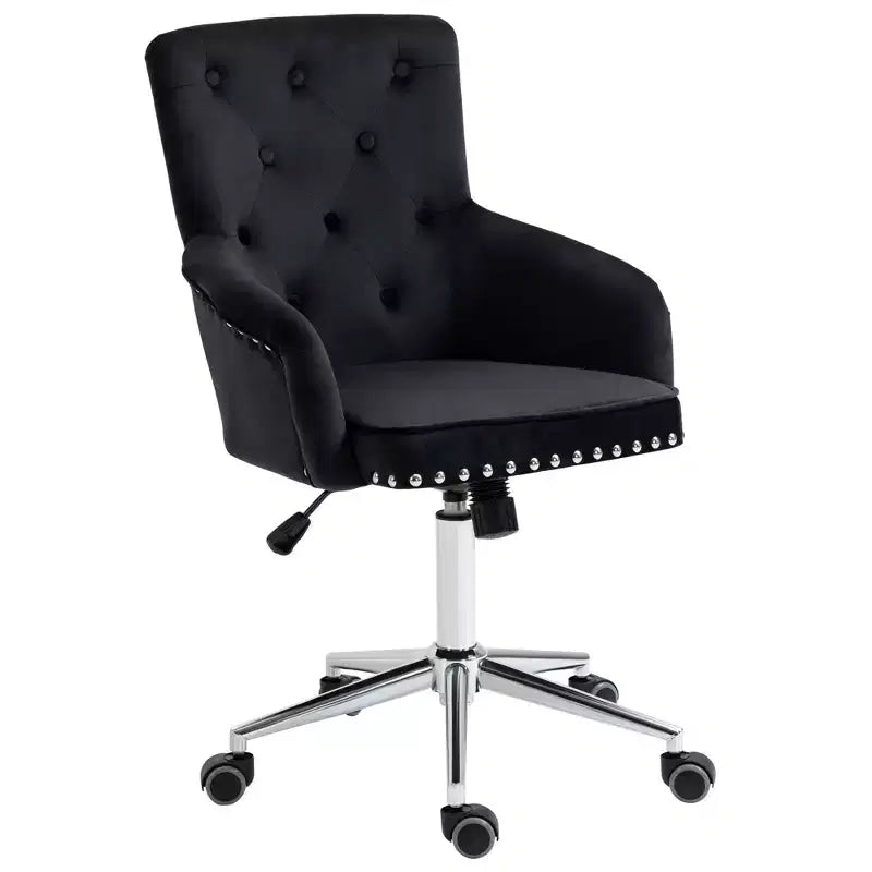 HOMCOM Mid-back Desk Chair with Button Tufted Velvet Back, Nailhead Trim, Swivel Home Office Chair with Adjustable Height, Padded Armrests, Black