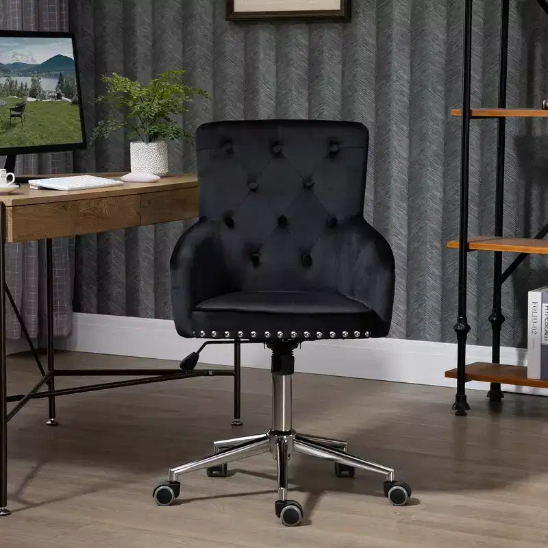 HOMCOM Mid-back Desk Chair with Button Tufted Velvet Back, Nailhead Trim, Swivel Home Office Chair with Adjustable Height, Padded Armrests, Black