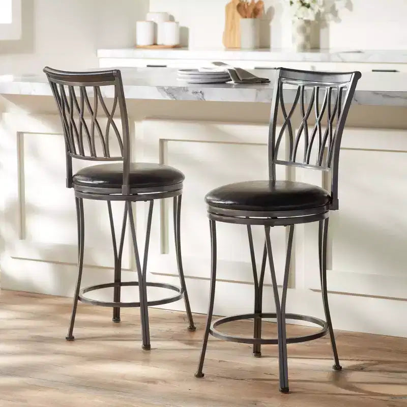Elm Lane Dominick Black Metal Swivel Bar Stools Set of 2 24 1/2 High Traditional Round Upholstered Cushion with Backrest Footrest for Kitchen Counter