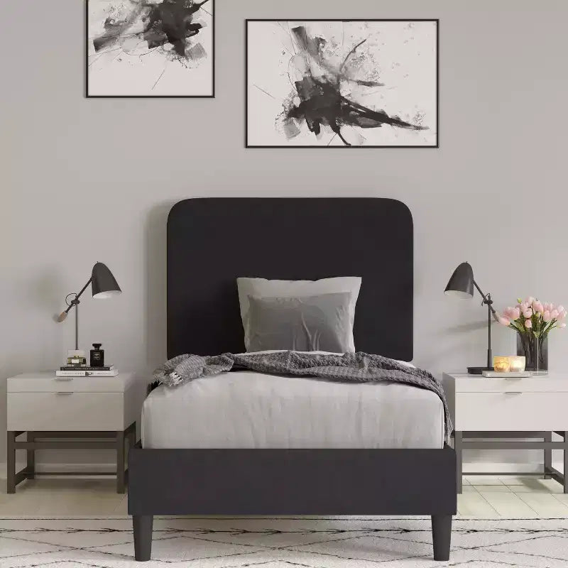 Merrick Lane Platform Bed with Headboard - Upholstered Frame - 14 Wooden Slats - No Box Spring Required