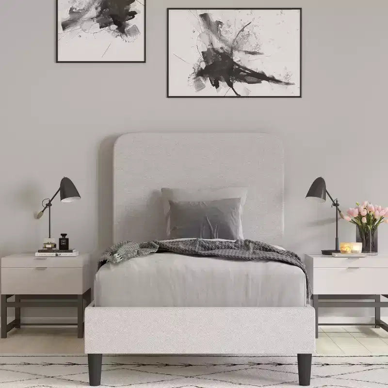 Merrick Lane Platform Bed with Headboard - Upholstered Frame - 14 Wooden Slats - No Box Spring Required