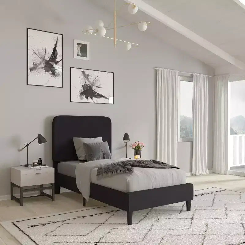 Merrick Lane Platform Bed with Headboard - Upholstered Frame - 14 Wooden Slats - No Box Spring Required