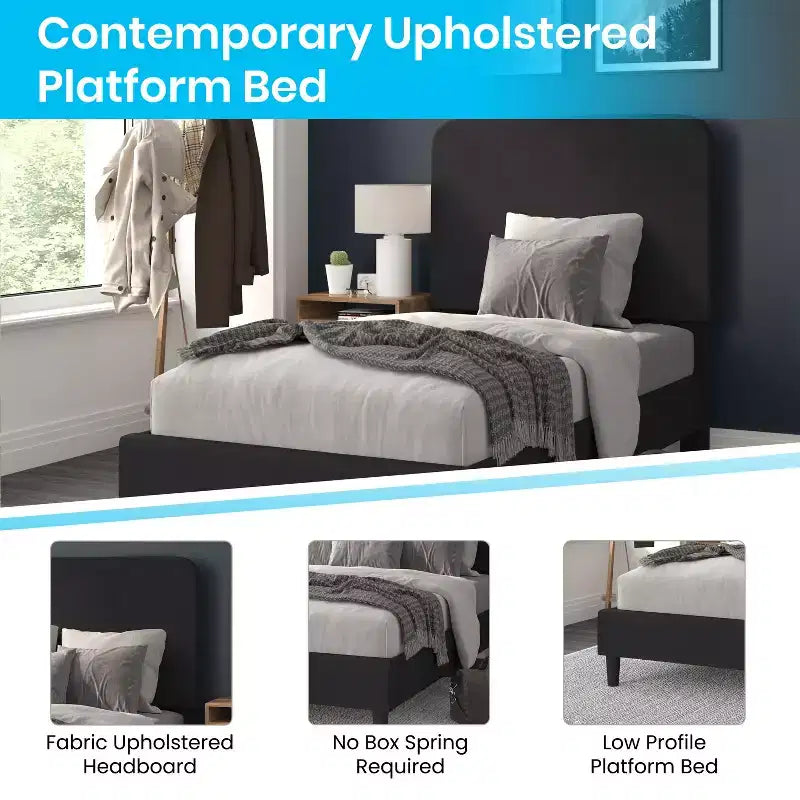 Merrick Lane Platform Bed with Headboard - Upholstered Frame - 14 Wooden Slats - No Box Spring Required