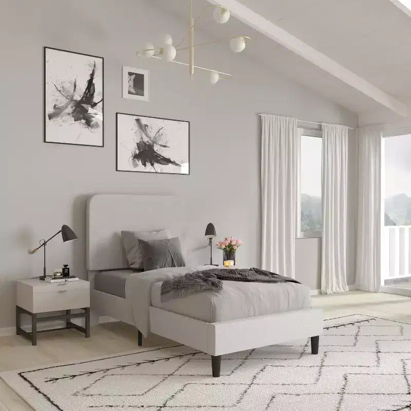 Merrick Lane Platform Bed with Headboard - Upholstered Frame - 14 Wooden Slats - No Box Spring Required