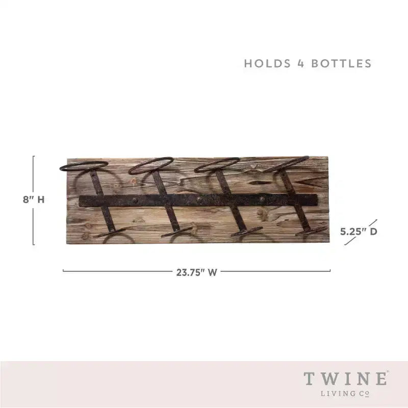 Twine 4 Bottle Wall Mount Wine Rack, Rustic Farmhouse Iron Metal & Wood Wine Holder, Wine Storage, Bar Decor, Housewarming Gifts for Men, 8 x 23.75