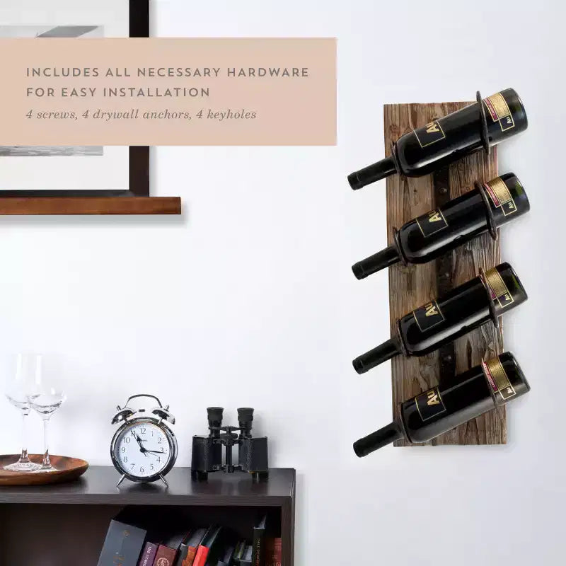 Twine 4 Bottle Wall Mount Wine Rack, Rustic Farmhouse Iron Metal & Wood Wine Holder, Wine Storage, Bar Decor, Housewarming Gifts for Men, 8 x 23.75