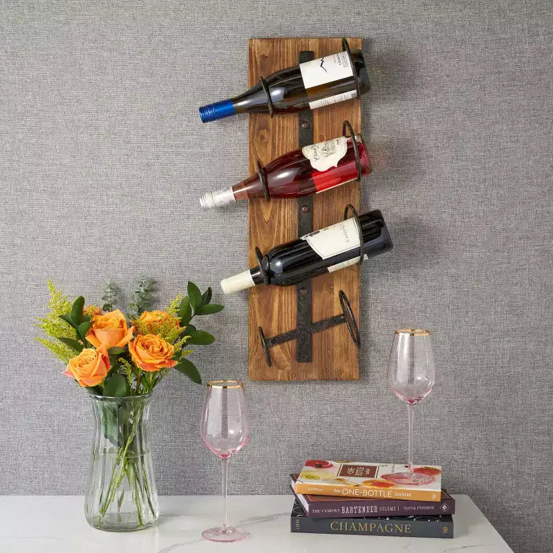 Twine 4 Bottle Wall Mount Wine Rack, Rustic Farmhouse Iron Metal & Wood Wine Holder, Wine Storage, Bar Decor, Housewarming Gifts for Men, 8 x 23.75