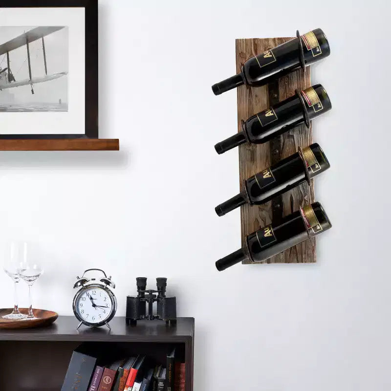 Twine 4 Bottle Wall Mount Wine Rack, Rustic Farmhouse Iron Metal & Wood Wine Holder, Wine Storage, Bar Decor, Housewarming Gifts for Men, 8 x 23.75
