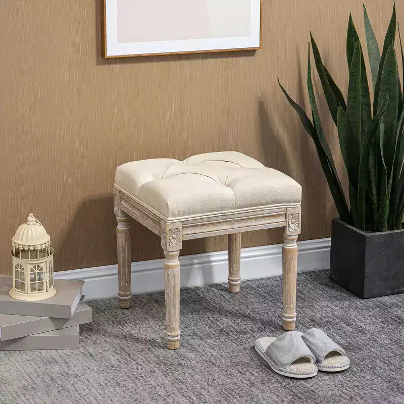 HOMCOM 15.75 Vintage Ottoman, Tufted Foot Stool with Upholstered Seat, Rustic Wood Legs for Bedroom, Living Room
