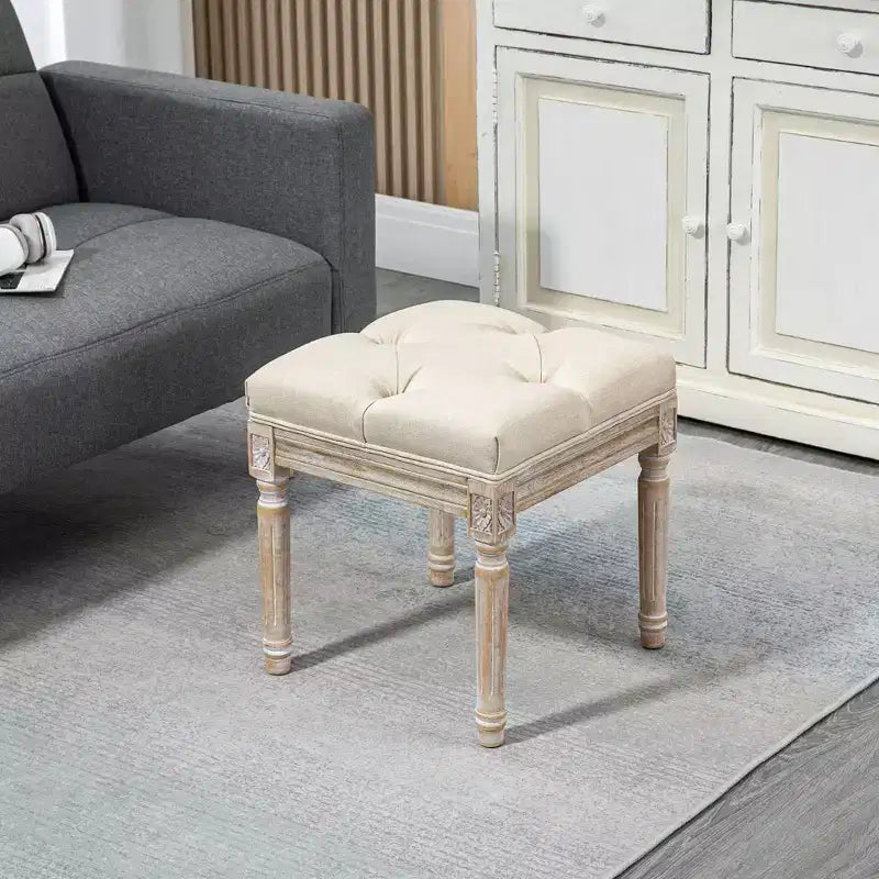 HOMCOM 15.75 Vintage Ottoman, Tufted Foot Stool with Upholstered Seat, Rustic Wood Legs for Bedroom, Living Room