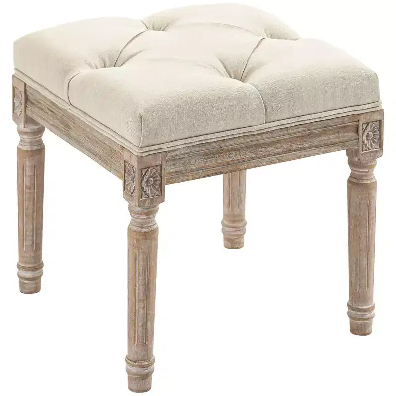 HOMCOM 15.75 Vintage Ottoman, Tufted Foot Stool with Upholstered Seat, Rustic Wood Legs for Bedroom, Living Room