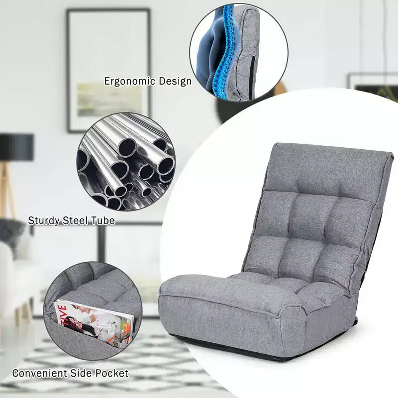 Costway 4-Position Floor Chair Folding Lazy Sofa w/Adjustable Backrest& Headrest Gray