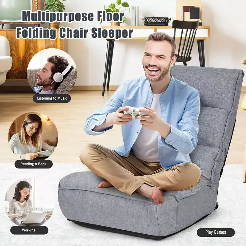 Costway 4-Position Floor Chair Folding Lazy Sofa w/Adjustable Backrest& Headrest Gray