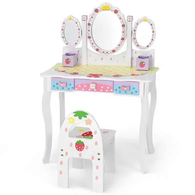 Costway Kids Vanity Princess Makeup Dressing Table Chair Set w/ Tri-fold Mirror White