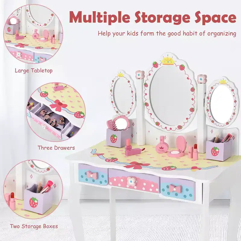 Costway Kids Vanity Princess Makeup Dressing Table Chair Set w/ Tri-fold Mirror White