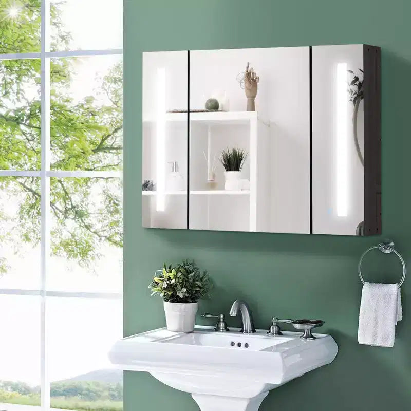 kleankin LED Lighted Medicine Cabinet with Mirror, 35.5 x 25.5 Wall Mounted Bathroom Cabinet with 3 Cupboards, Memory Function, USB Charge