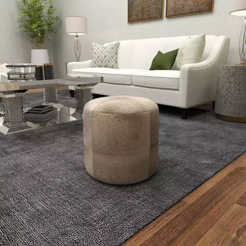 Contemporary Round Cowhide Leather Stool Ottoman - Olivia & May