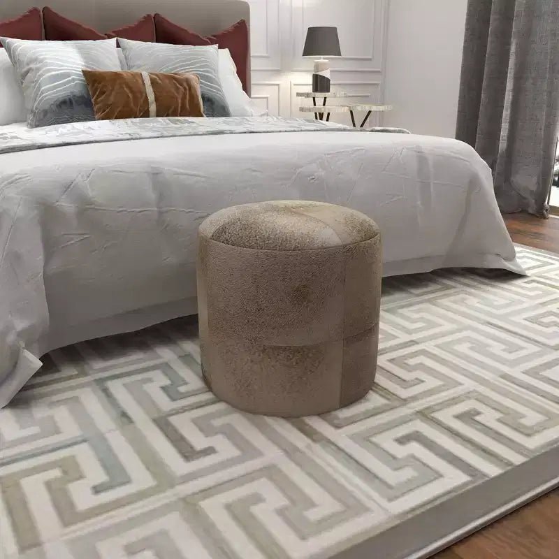 Contemporary Round Cowhide Leather Stool Ottoman - Olivia & May