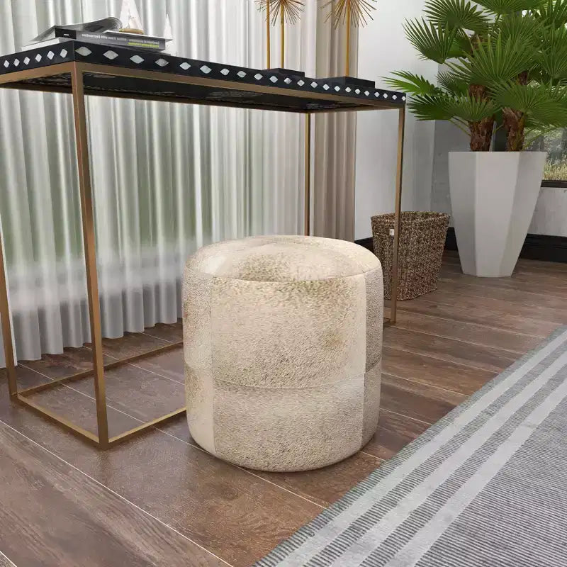 Contemporary Round Cowhide Leather Stool Ottoman - Olivia & May
