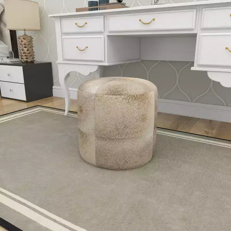 Contemporary Round Cowhide Leather Stool Ottoman - Olivia & May