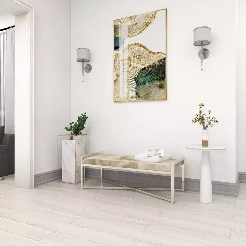 Contemporary Stainless Steel Rectangular Cowhide Bench - Olivia & May