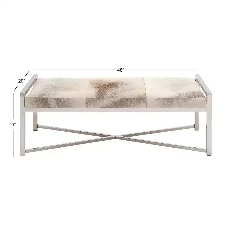Contemporary Stainless Steel Rectangular Cowhide Bench - Olivia & May