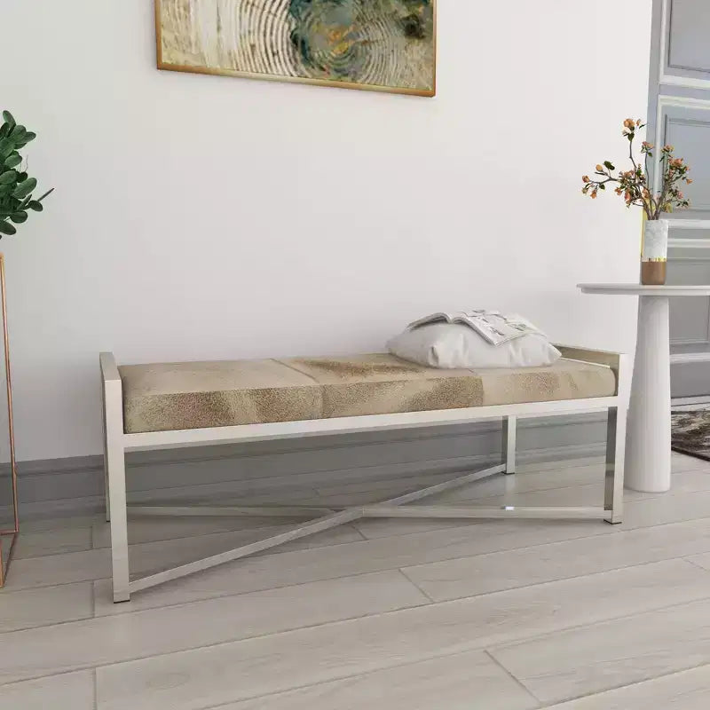 Contemporary Stainless Steel Rectangular Cowhide Bench - Olivia & May