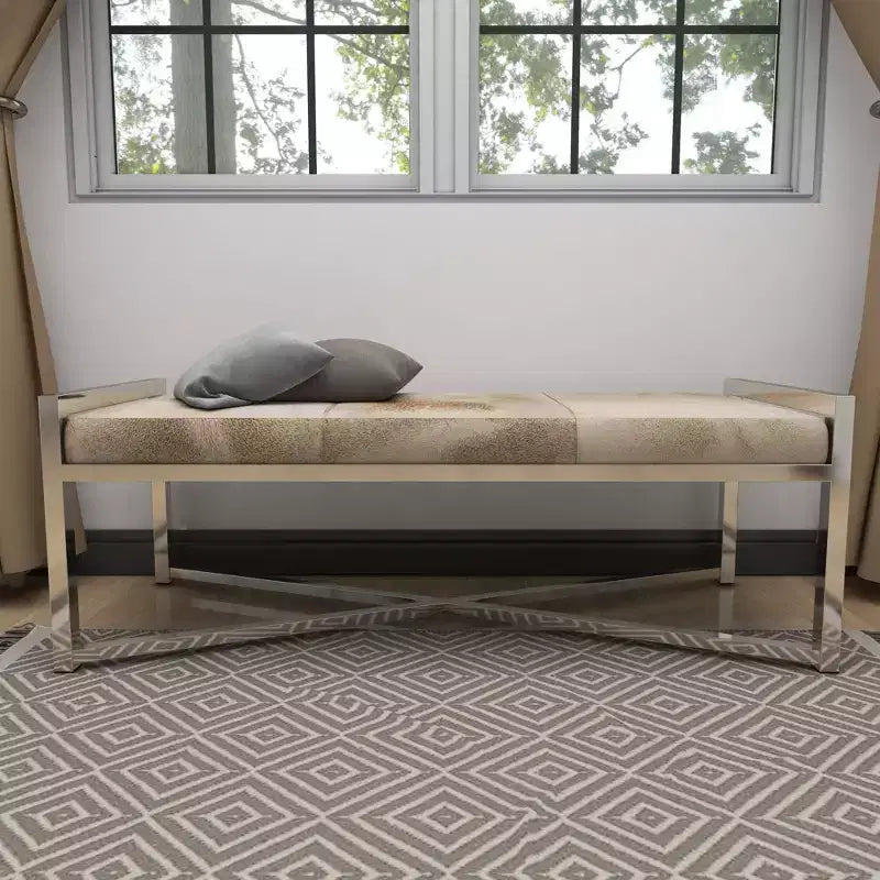 Contemporary Stainless Steel Rectangular Cowhide Bench - Olivia & May