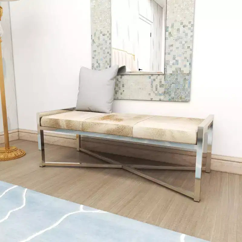 Contemporary Stainless Steel Rectangular Cowhide Bench - Olivia & May