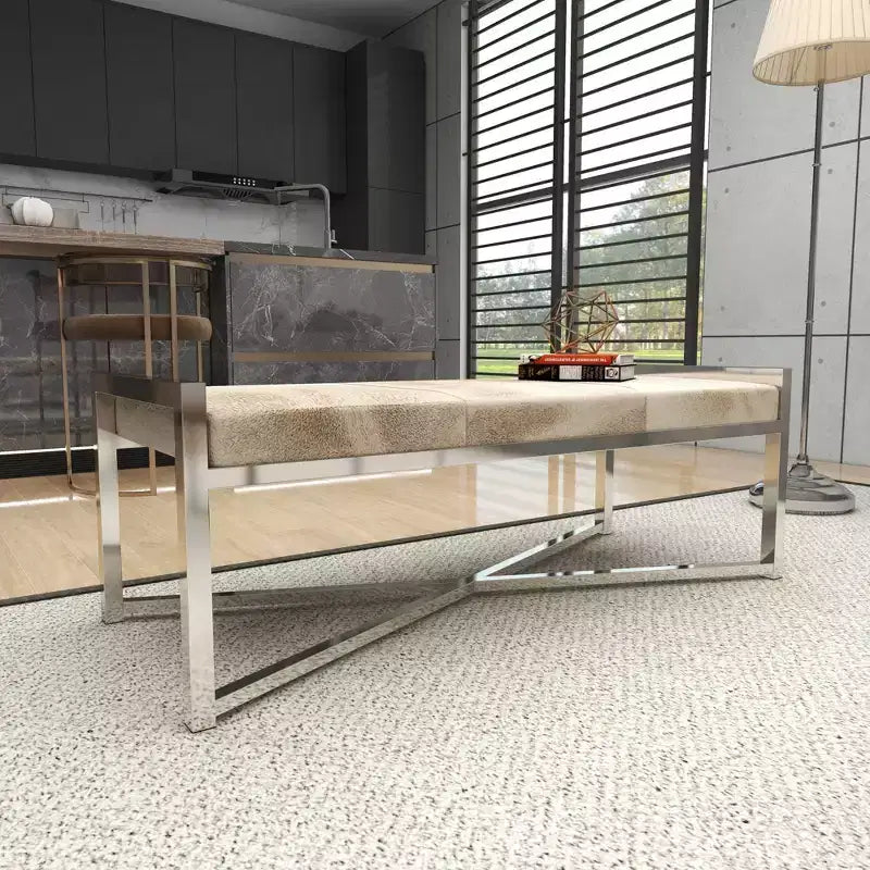 Contemporary Stainless Steel Rectangular Cowhide Bench - Olivia & May