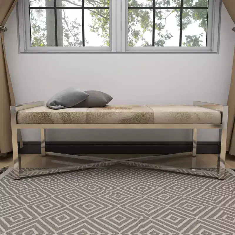 Contemporary Stainless Steel Rectangular Cowhide Bench - Olivia & May