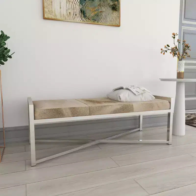 Contemporary Stainless Steel Rectangular Cowhide Bench - Olivia & May