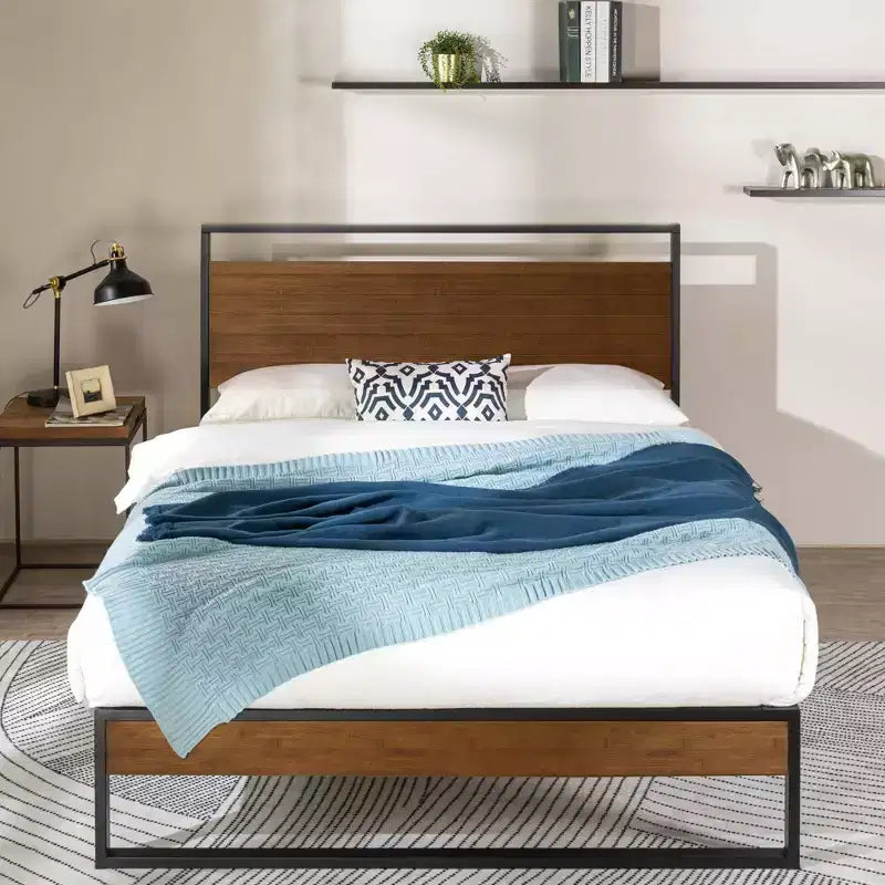 Suzanne Bamboo and Metal Platform Bed Frame with Headboard - Zinus